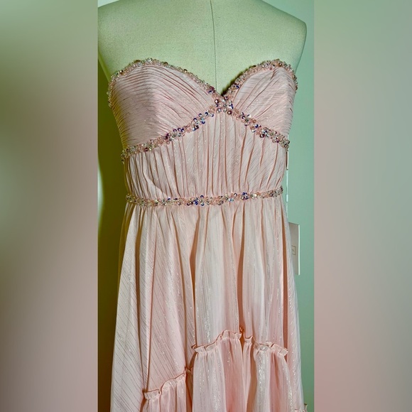 Mac Duggal 68096 | Pale Pink Beaded Ruffle High Low Gown | Strapless | Size 10 - Picture 3 of 7